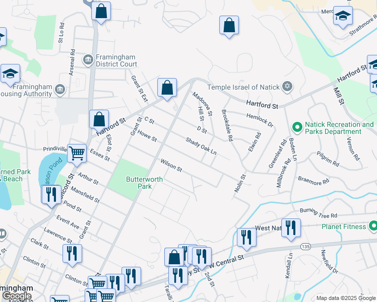 map of restaurants, bars, coffee shops, grocery stores, and more near 120 Howe Street in Framingham