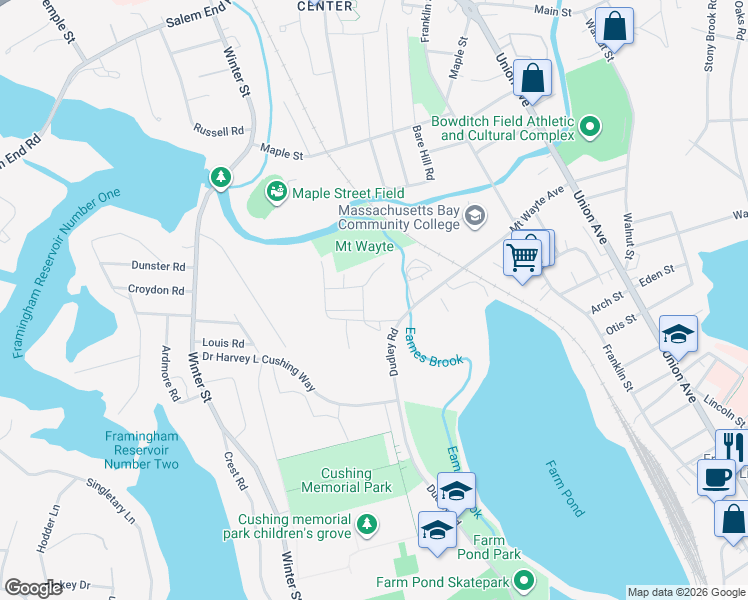 map of restaurants, bars, coffee shops, grocery stores, and more near 263 Mount Wayte Avenue in Framingham