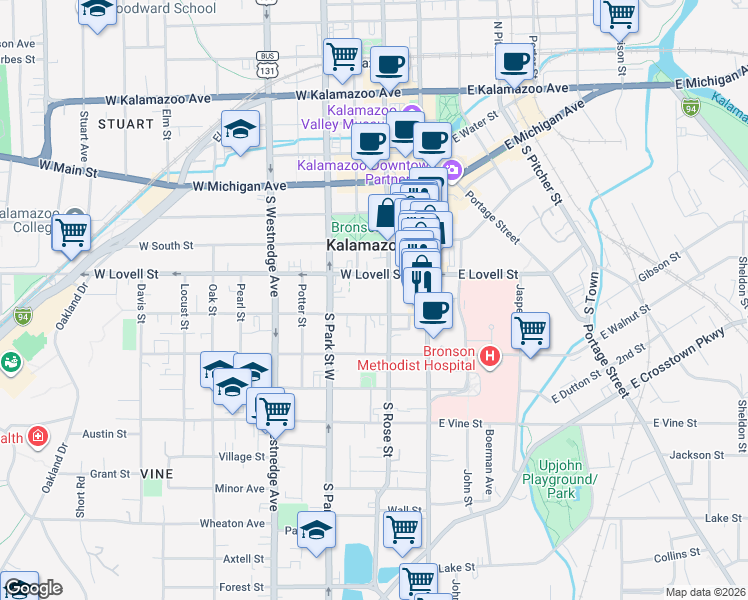 map of restaurants, bars, coffee shops, grocery stores, and more near 247 West Lovell Street in Kalamazoo