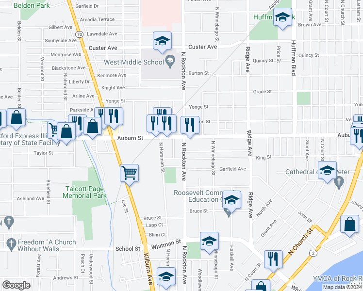 map of restaurants, bars, coffee shops, grocery stores, and more near 1310 North Rockton Avenue in Rockford