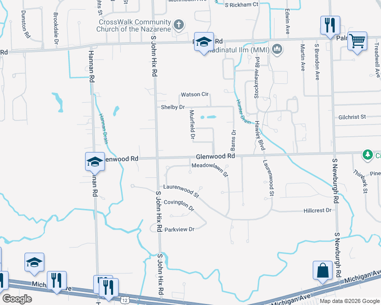 map of restaurants, bars, coffee shops, grocery stores, and more near 38604 Glenwood Road in Westland