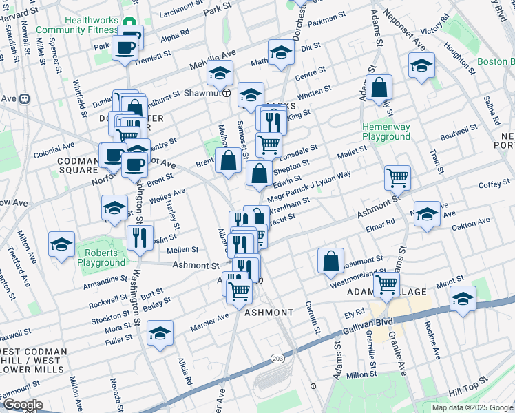 map of restaurants, bars, coffee shops, grocery stores, and more near 1847 Dorchester Avenue in Boston