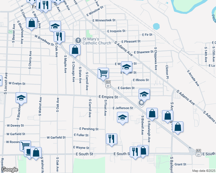 map of restaurants, bars, coffee shops, grocery stores, and more near 1204-1206 North Galena Avenue in Freeport