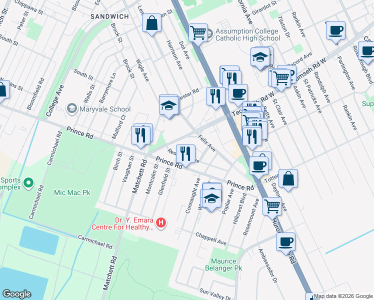 map of restaurants, bars, coffee shops, grocery stores, and more near 1377 Granville Crescent in Windsor