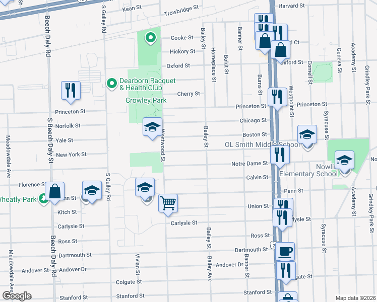 map of restaurants, bars, coffee shops, grocery stores, and more near 24730 New York Street in Dearborn