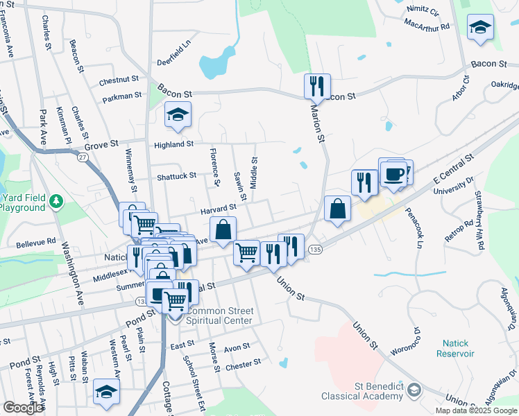 map of restaurants, bars, coffee shops, grocery stores, and more near 41 Harvard St in Natick