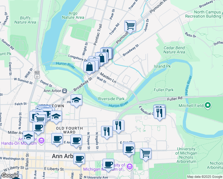 map of restaurants, bars, coffee shops, grocery stores, and more near 944 Wall Street in Ann Arbor