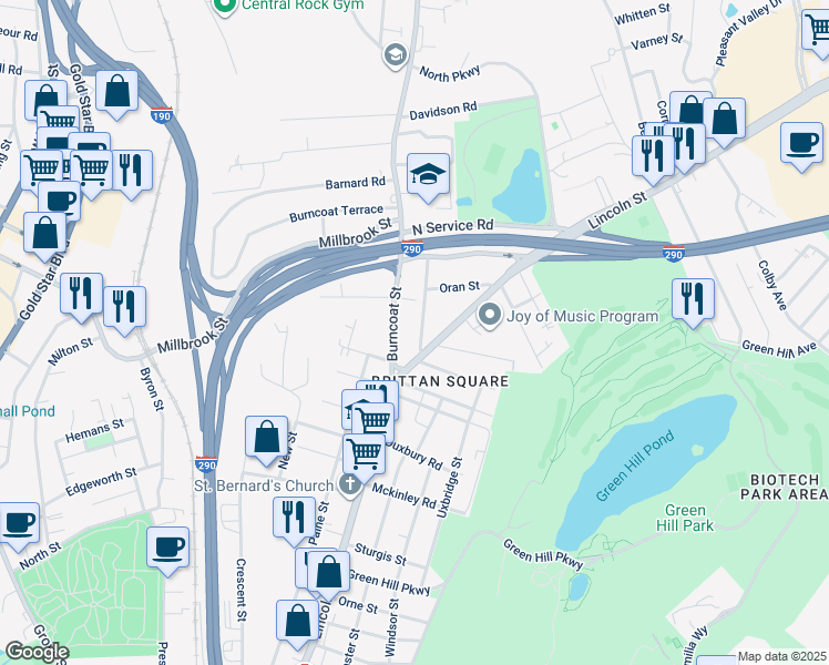 map of restaurants, bars, coffee shops, grocery stores, and more near 7 Frothingham Road in Worcester