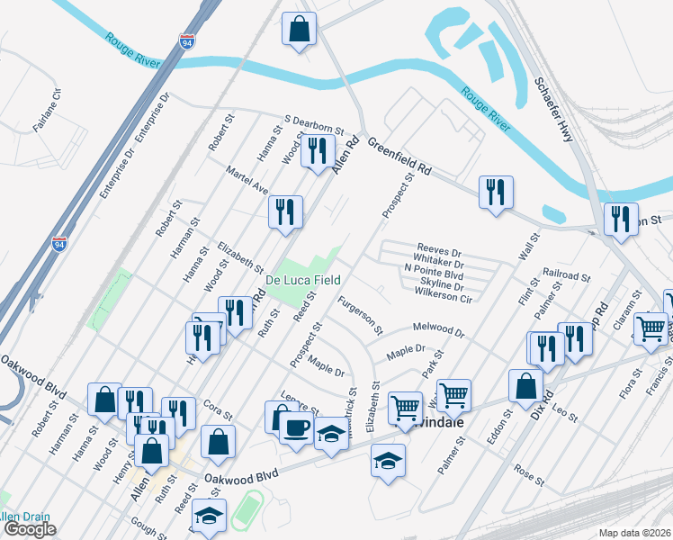 map of restaurants, bars, coffee shops, grocery stores, and more near 17420 Reed Street in Melvindale