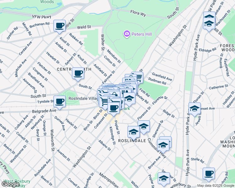 map of restaurants, bars, coffee shops, grocery stores, and more near 20 Taft Hill Park in Boston