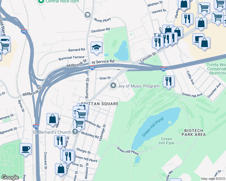 map of restaurants, bars, coffee shops, grocery stores, and more near 1 Gorham Street in Worcester