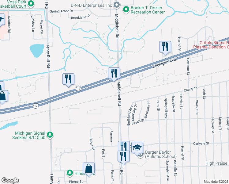 map of restaurants, bars, coffee shops, grocery stores, and more near 3000 Middlebelt Road in Inkster
