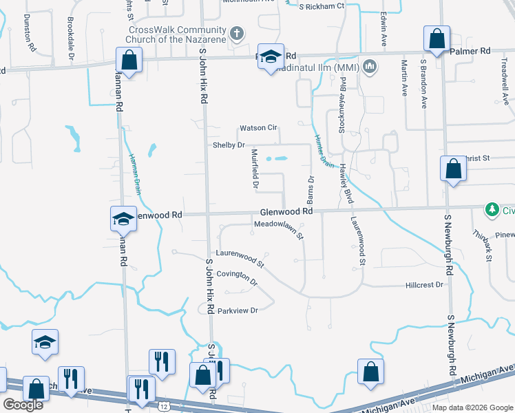 map of restaurants, bars, coffee shops, grocery stores, and more near 38604 Glenwood Road in Westland