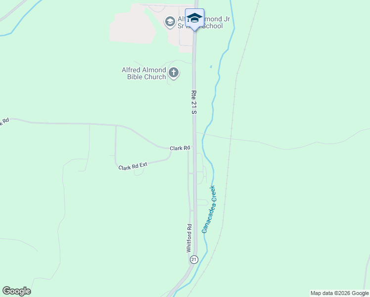 map of restaurants, bars, coffee shops, grocery stores, and more near Clark Road in Alfred Station
