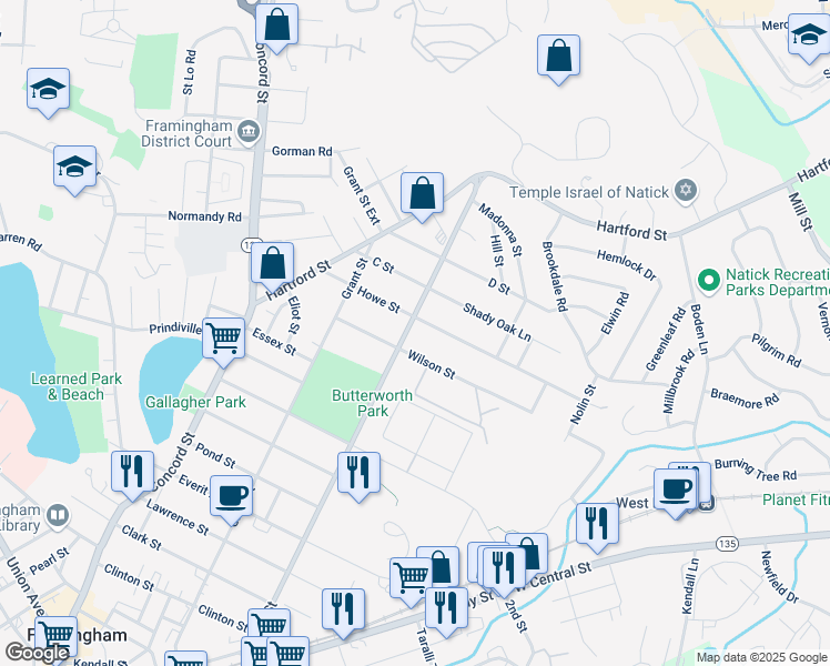 map of restaurants, bars, coffee shops, grocery stores, and more near 311 Bishop Street in Framingham