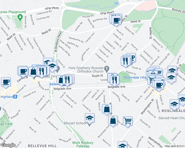 map of restaurants, bars, coffee shops, grocery stores, and more near 1003 South Street in Boston