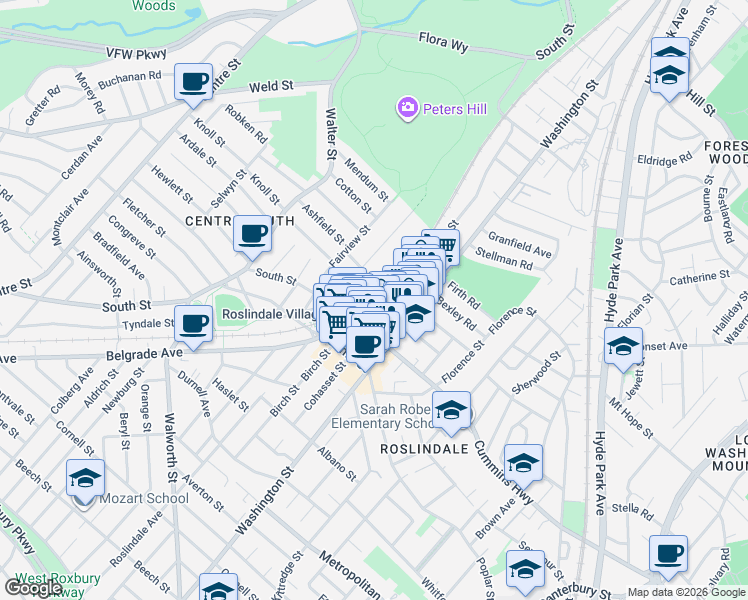 map of restaurants, bars, coffee shops, grocery stores, and more near 20 Taft Hill Park in Boston
