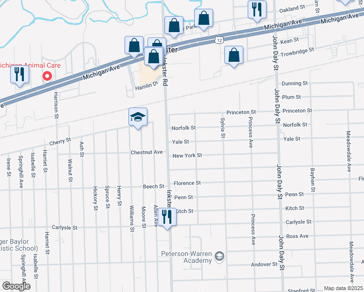 map of restaurants, bars, coffee shops, grocery stores, and more near 27305 Yale Street in Inkster