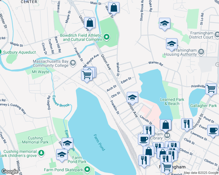 map of restaurants, bars, coffee shops, grocery stores, and more near 18 Arch Street in Framingham