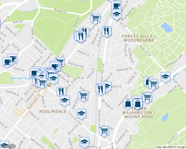 map of restaurants, bars, coffee shops, grocery stores, and more near 7 Larch Place in Boston