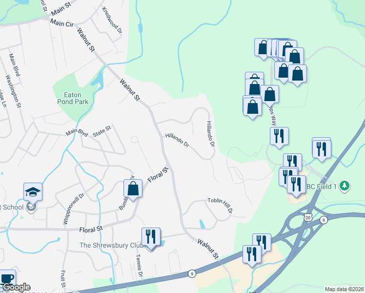 map of restaurants, bars, coffee shops, grocery stores, and more near 73 Hillando Drive in Shrewsbury