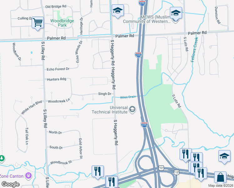 map of restaurants, bars, coffee shops, grocery stores, and more near 2621 South Haggerty Road in Canton
