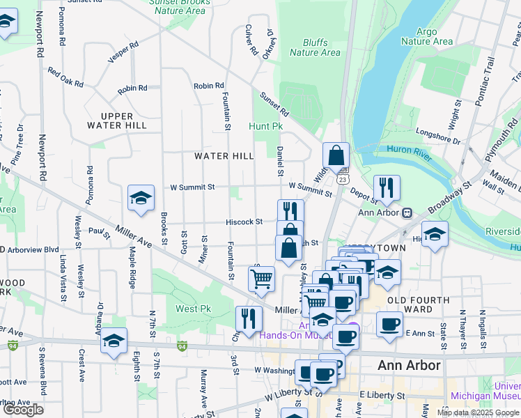 map of restaurants, bars, coffee shops, grocery stores, and more near 714 Spring Street in Ann Arbor