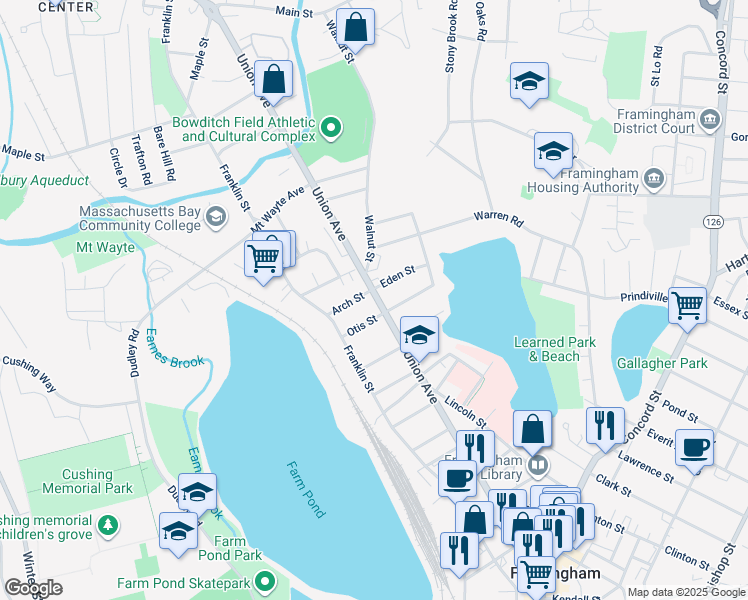 map of restaurants, bars, coffee shops, grocery stores, and more near 344 Union Avenue in Framingham