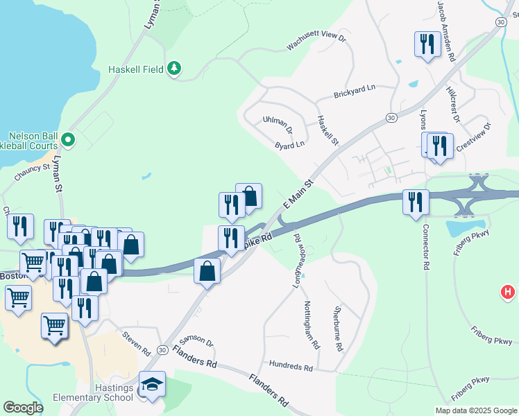 map of restaurants, bars, coffee shops, grocery stores, and more near 180 East Main Street in Westborough