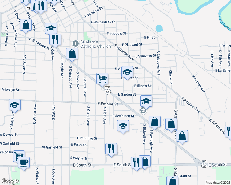 map of restaurants, bars, coffee shops, grocery stores, and more near 510 East Garden Street in Freeport
