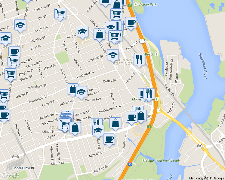 map of restaurants, bars, coffee shops, grocery stores, and more near 45 Plain Street in Boston