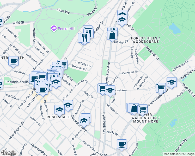 map of restaurants, bars, coffee shops, grocery stores, and more near 35 Harrison Street in Boston