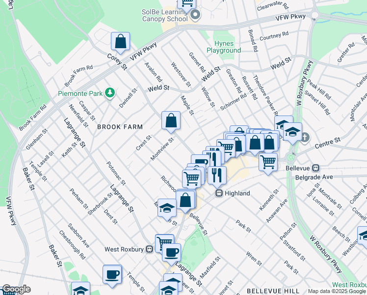 map of restaurants, bars, coffee shops, grocery stores, and more near 130 Corey Street in Boston