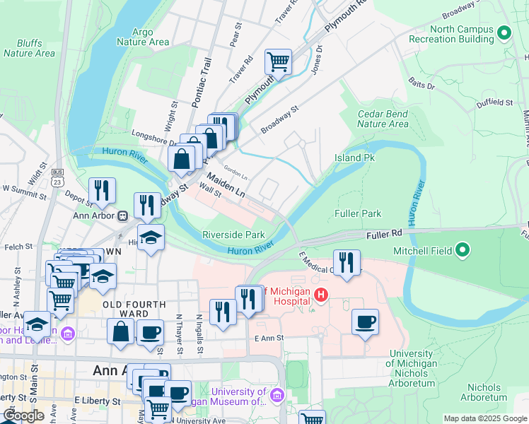 map of restaurants, bars, coffee shops, grocery stores, and more near 1047 Wall Street in Ann Arbor