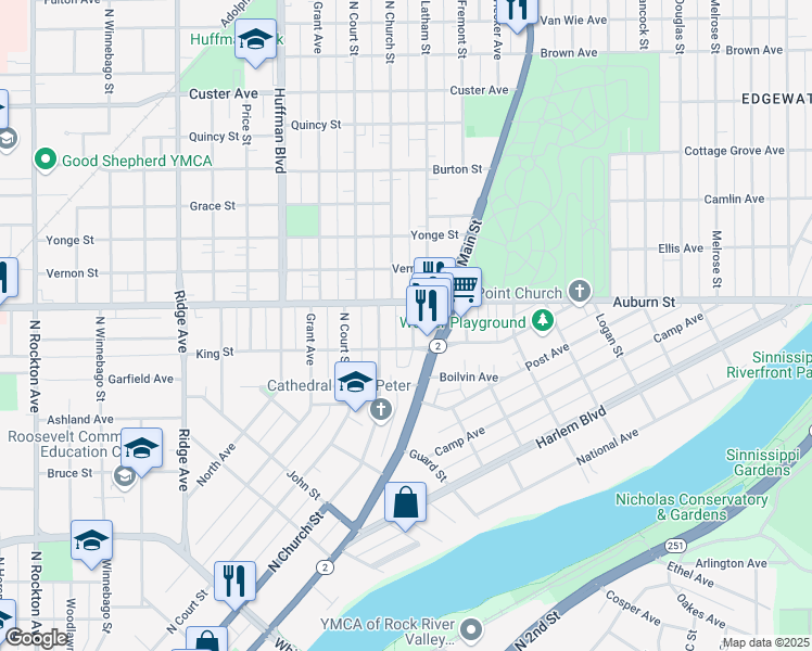 map of restaurants, bars, coffee shops, grocery stores, and more near 1420 Latham Place in Rockford