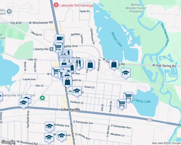 map of restaurants, bars, coffee shops, grocery stores, and more near 510 1st Street in Libertyville