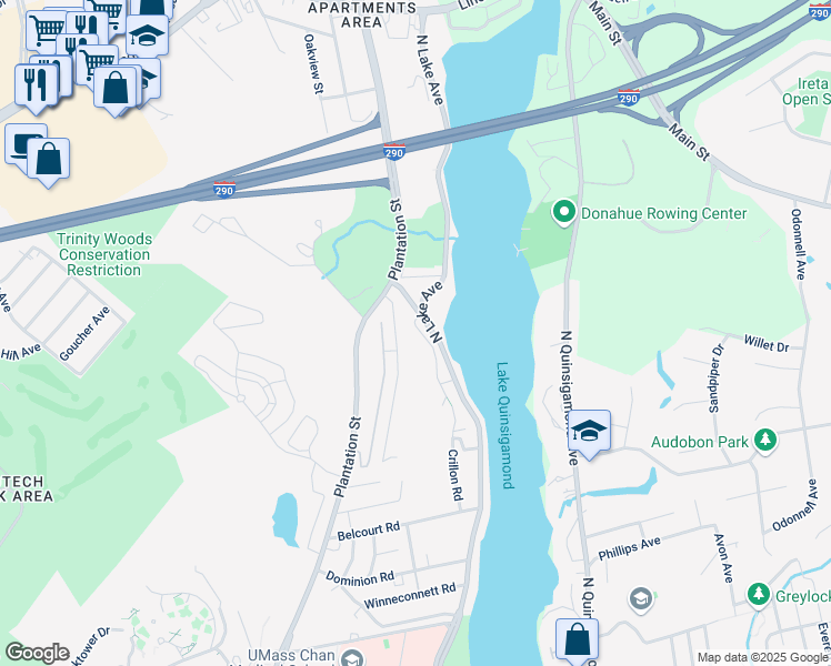 map of restaurants, bars, coffee shops, grocery stores, and more near 107 Natural History Drive in Worcester