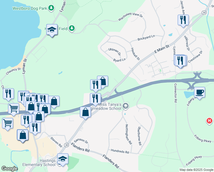 map of restaurants, bars, coffee shops, grocery stores, and more near 180 East Main Street in Westborough