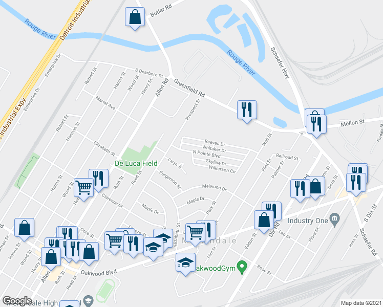 map of restaurants, bars, coffee shops, grocery stores, and more near 3394 North Pointe Boulevard in Melvindale