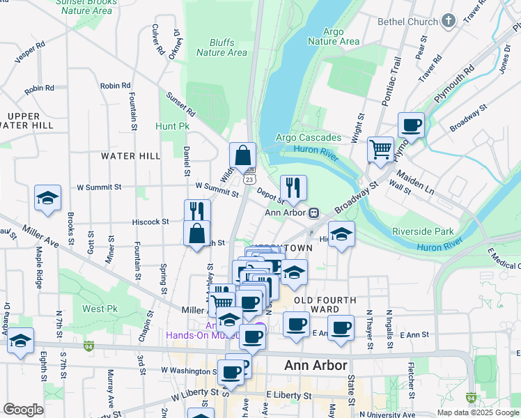 map of restaurants, bars, coffee shops, grocery stores, and more near 124 East Summit Street in Ann Arbor