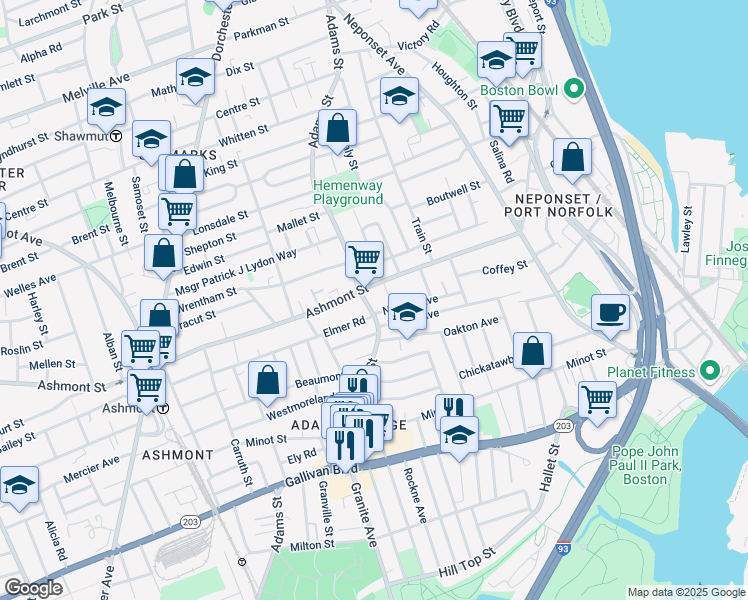map of restaurants, bars, coffee shops, grocery stores, and more near 640 Adams Street in Boston