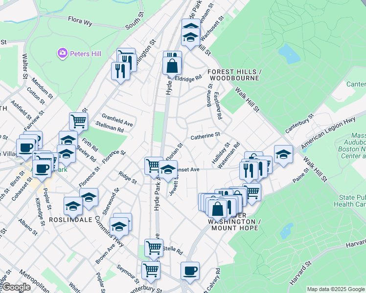 map of restaurants, bars, coffee shops, grocery stores, and more near 37 Wyvern Street in Boston