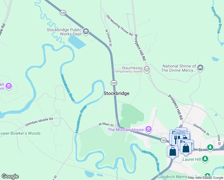 map of restaurants, bars, coffee shops, grocery stores, and more near 23 Church Street in Stockbridge