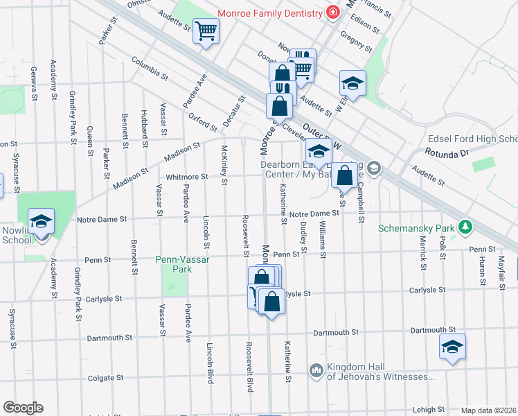 map of restaurants, bars, coffee shops, grocery stores, and more near 3244 Monroe Street in Dearborn