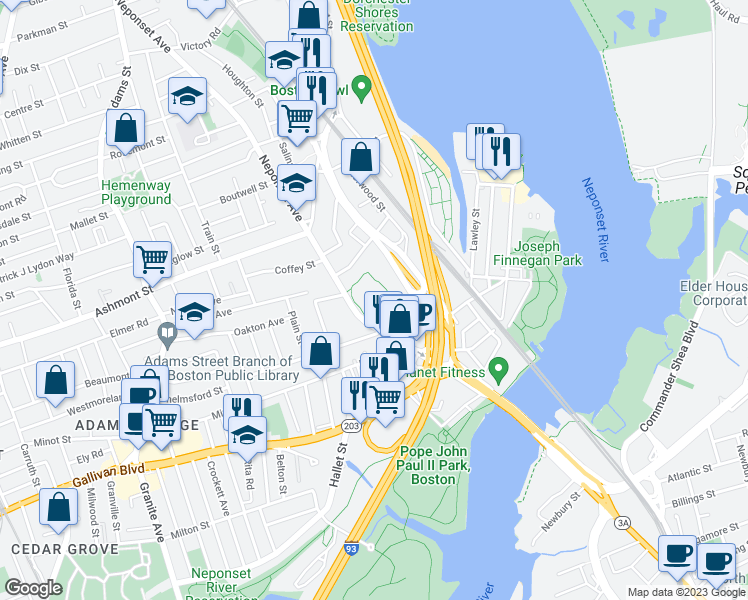 map of restaurants, bars, coffee shops, grocery stores, and more near 340 Neponset Avenue in Boston