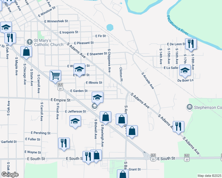 map of restaurants, bars, coffee shops, grocery stores, and more near 928 East Garden Street in Freeport
