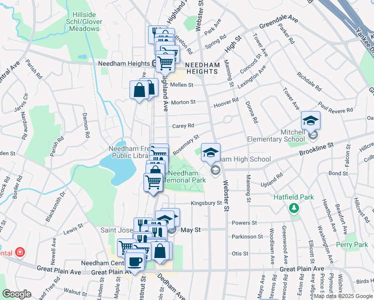 map of restaurants, bars, coffee shops, grocery stores, and more near 60 Rosemary Street in Needham