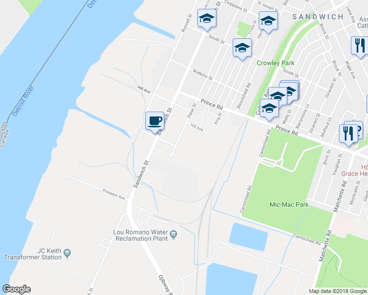 map of restaurants, bars, coffee shops, grocery stores, and more near 3901 Peter Street in Windsor