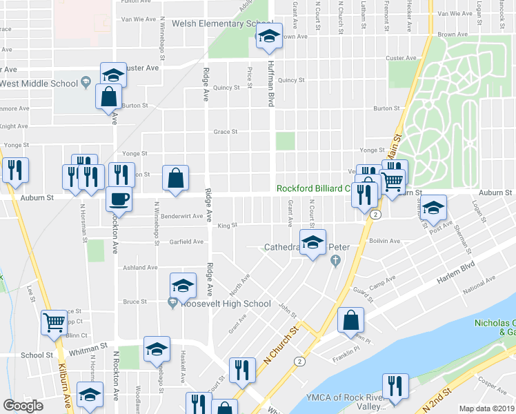 map of restaurants, bars, coffee shops, grocery stores, and more near 1319 Evelyn Street in Rockford