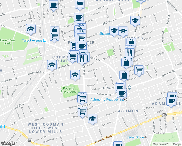 map of restaurants, bars, coffee shops, grocery stores, and more near 25 Welles Avenue in Boston